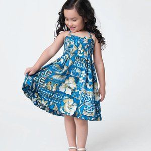 Alfred Shaheen Unique Vintage Tiki Blue Hawaiian Print Dress